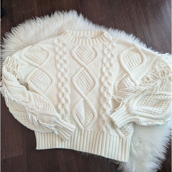 Lime And Dot Cozy Cable Knit Fringe Puff Sleeve Sweater Cream White M Medium - Picture 2 of 6